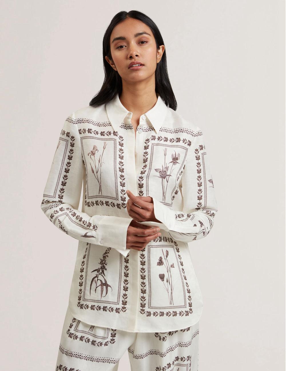 Ivory Women Ted Baker SIMCOA - Panel Print Silk Linen Longline Casual Shirts | SA  BYD-859134