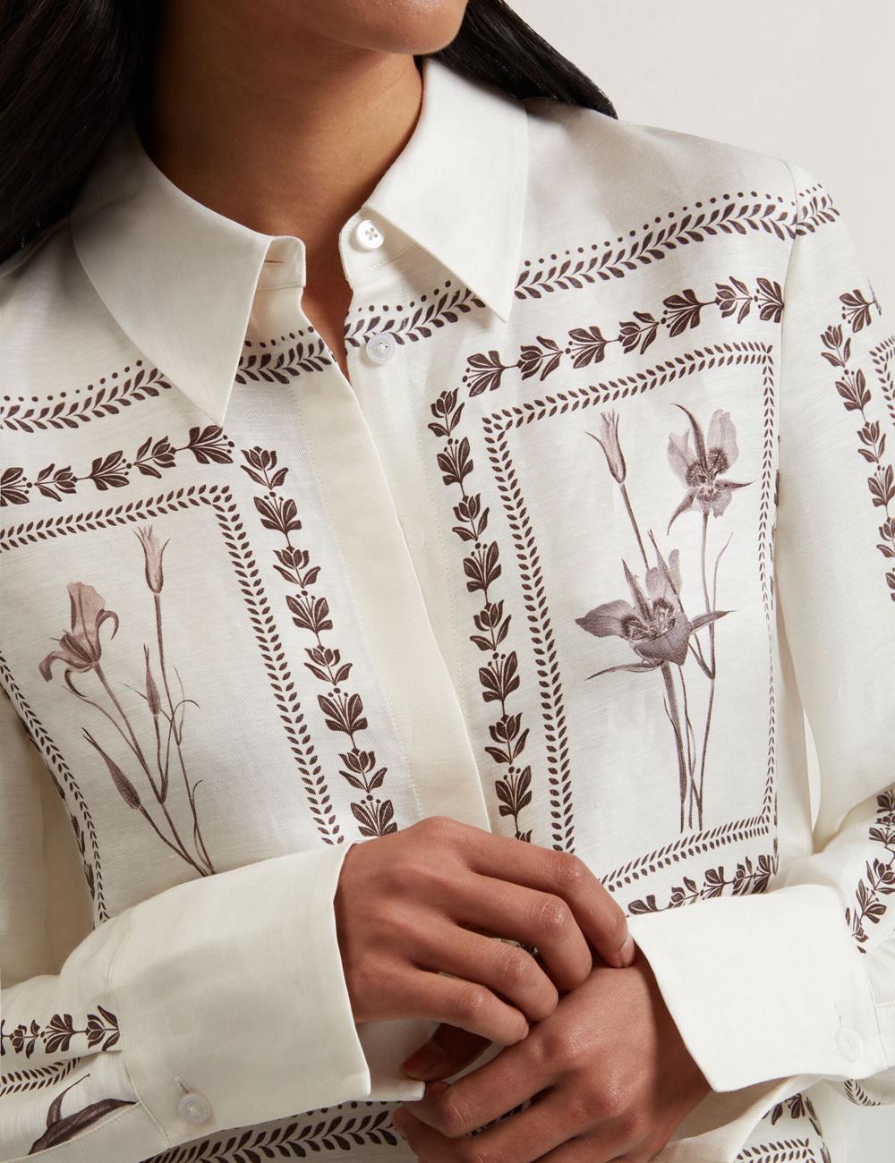 Ivory Women Ted Baker SIMCOA - Panel Print Silk Linen Longline Casual Shirts | SA  BYD-859134