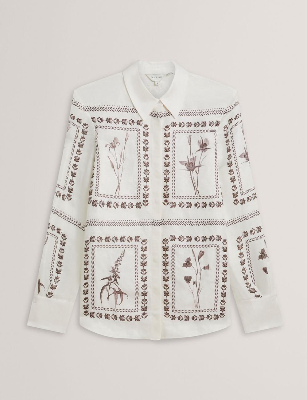 Ivory Women Ted Baker SIMCOA - Panel Print Silk Linen Longline Casual Shirts | SA  BYD-859134