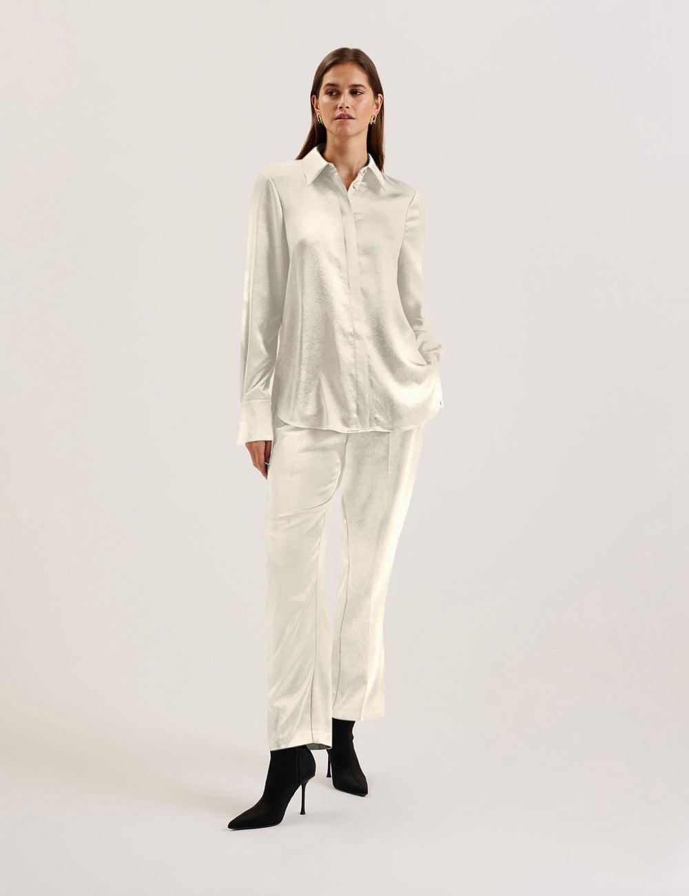 Ivory Women Ted Baker SONORA - Satin Longline Covered Placket Formal Shirts | SA  GFU-276850