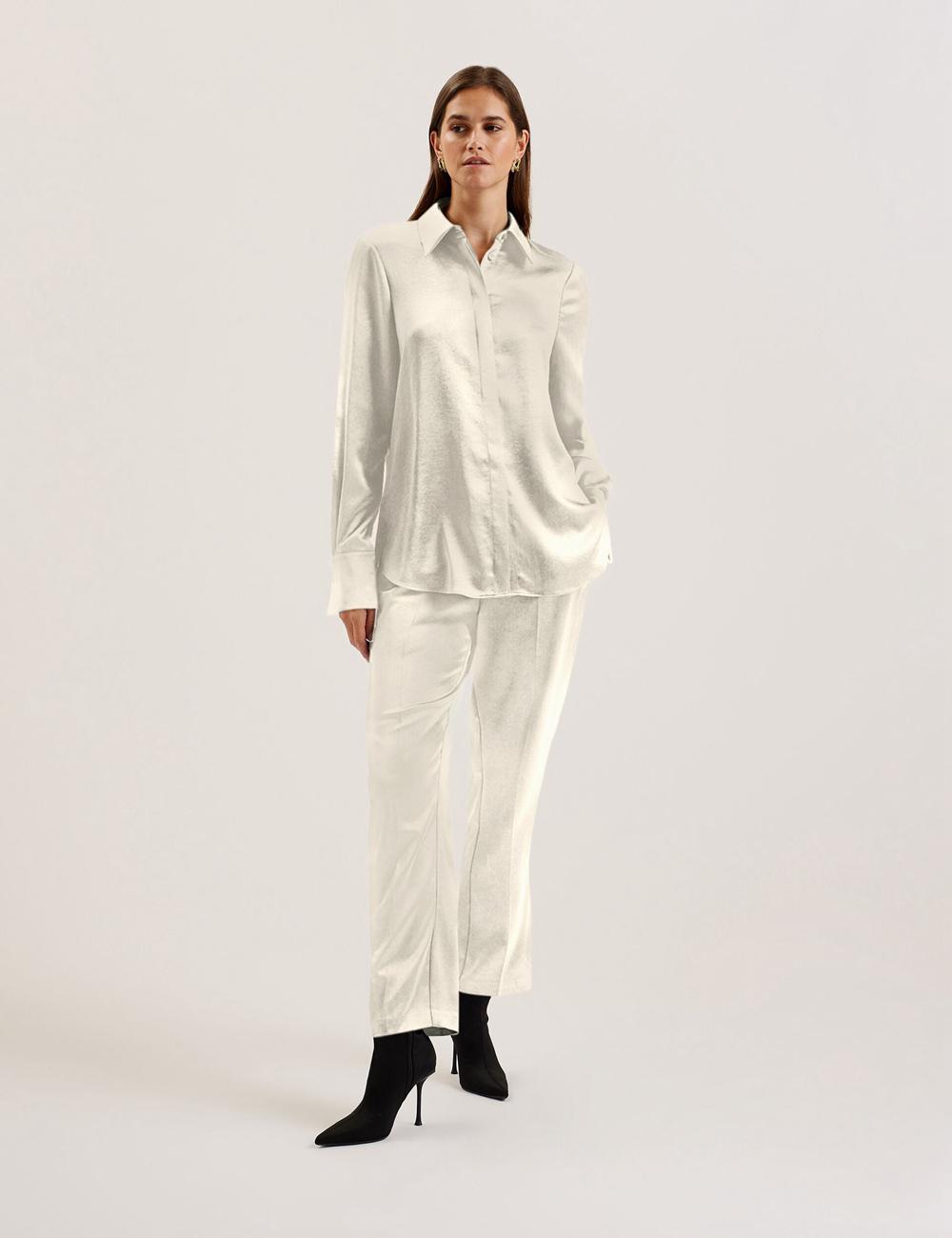 Ivory Women Ted Baker SONORA - Satin Longline Covered Placket Formal Shirts | SA  GFU-276850