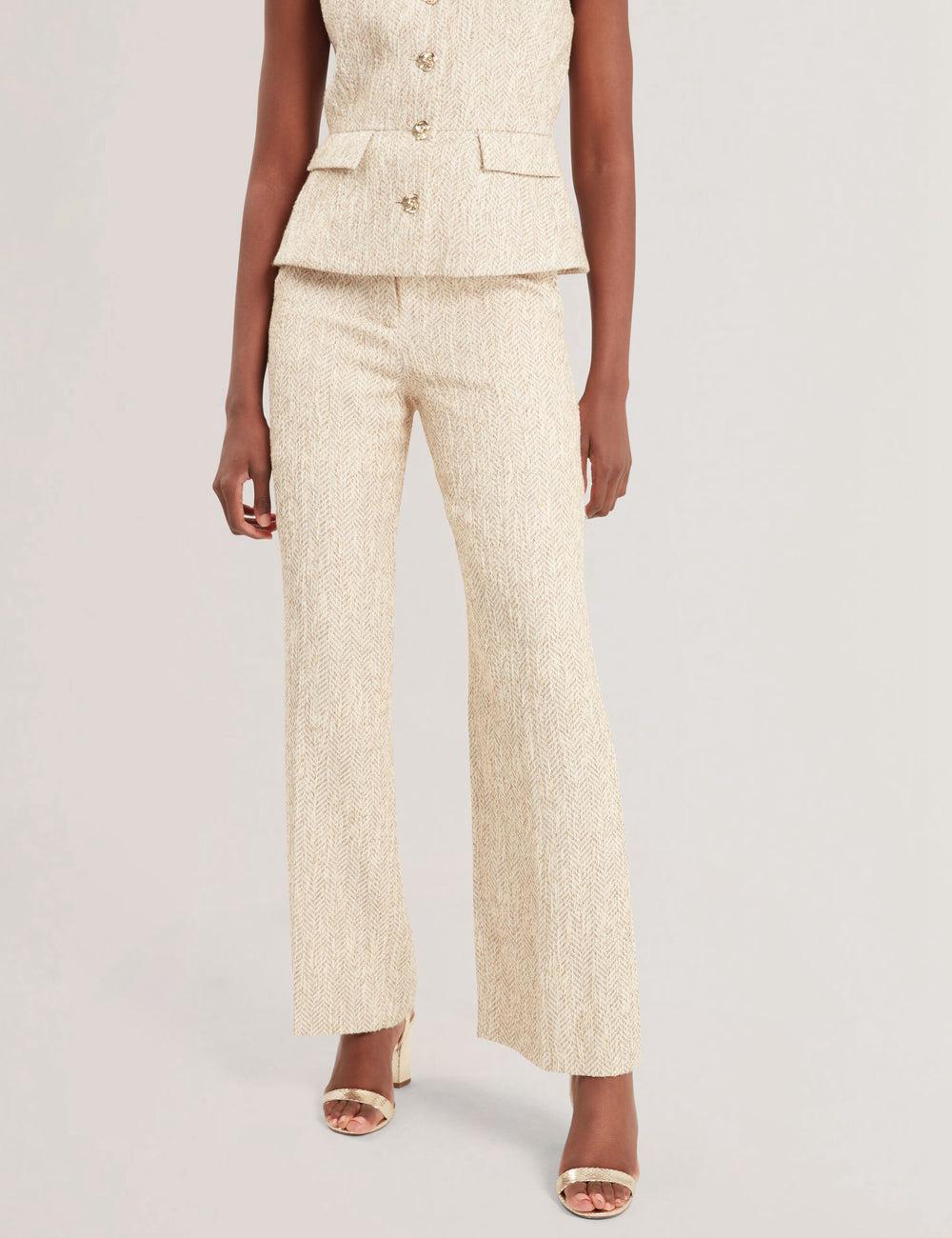 Ivory Women Ted Baker VULPAT - Boucle Herringbone Wide Leg Tailored Trousers | SA  KHP-270845