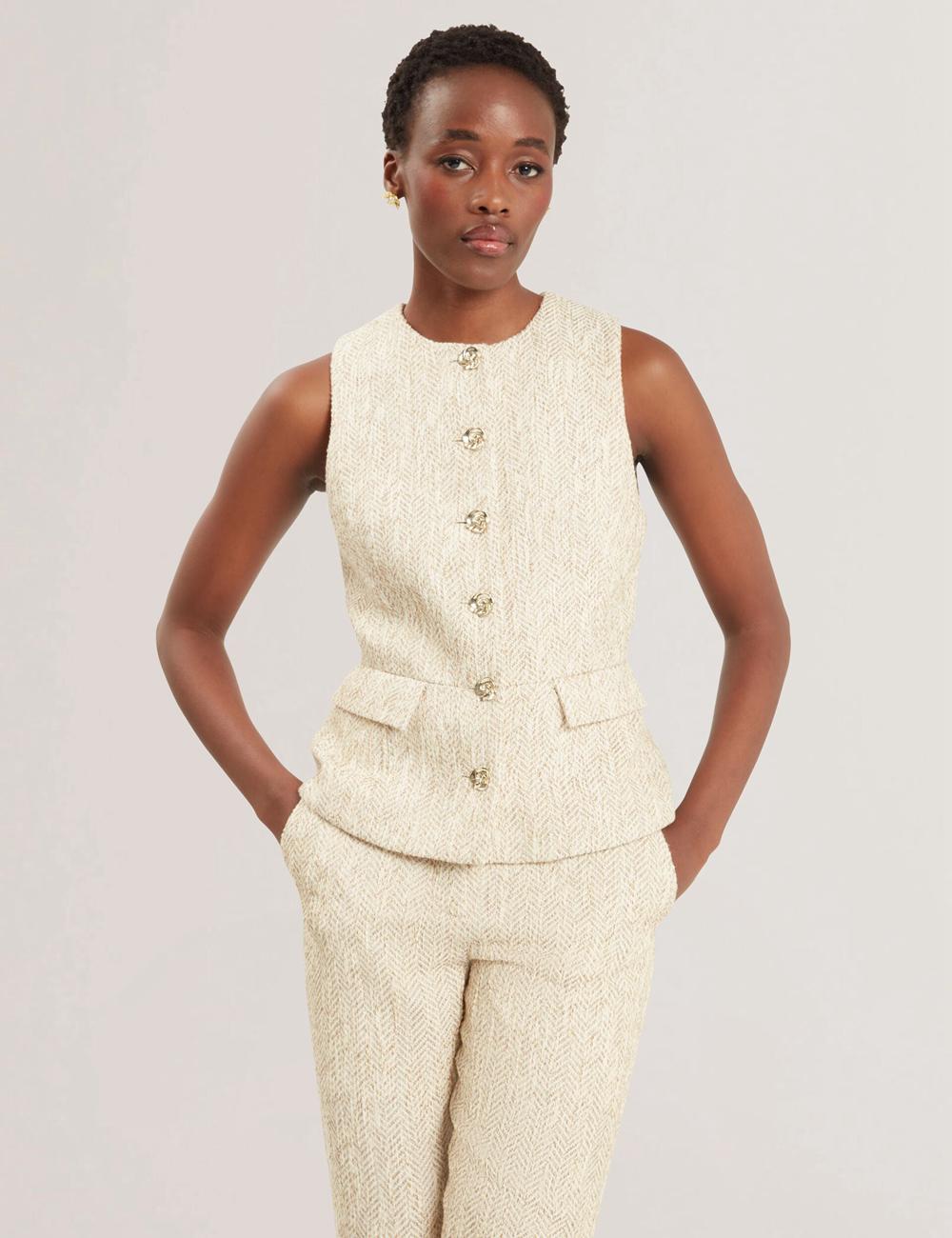 Ivory Women Ted Baker VULPAT - Boucle Herringbone Wide Leg Tailored Trousers | SA  KHP-270845