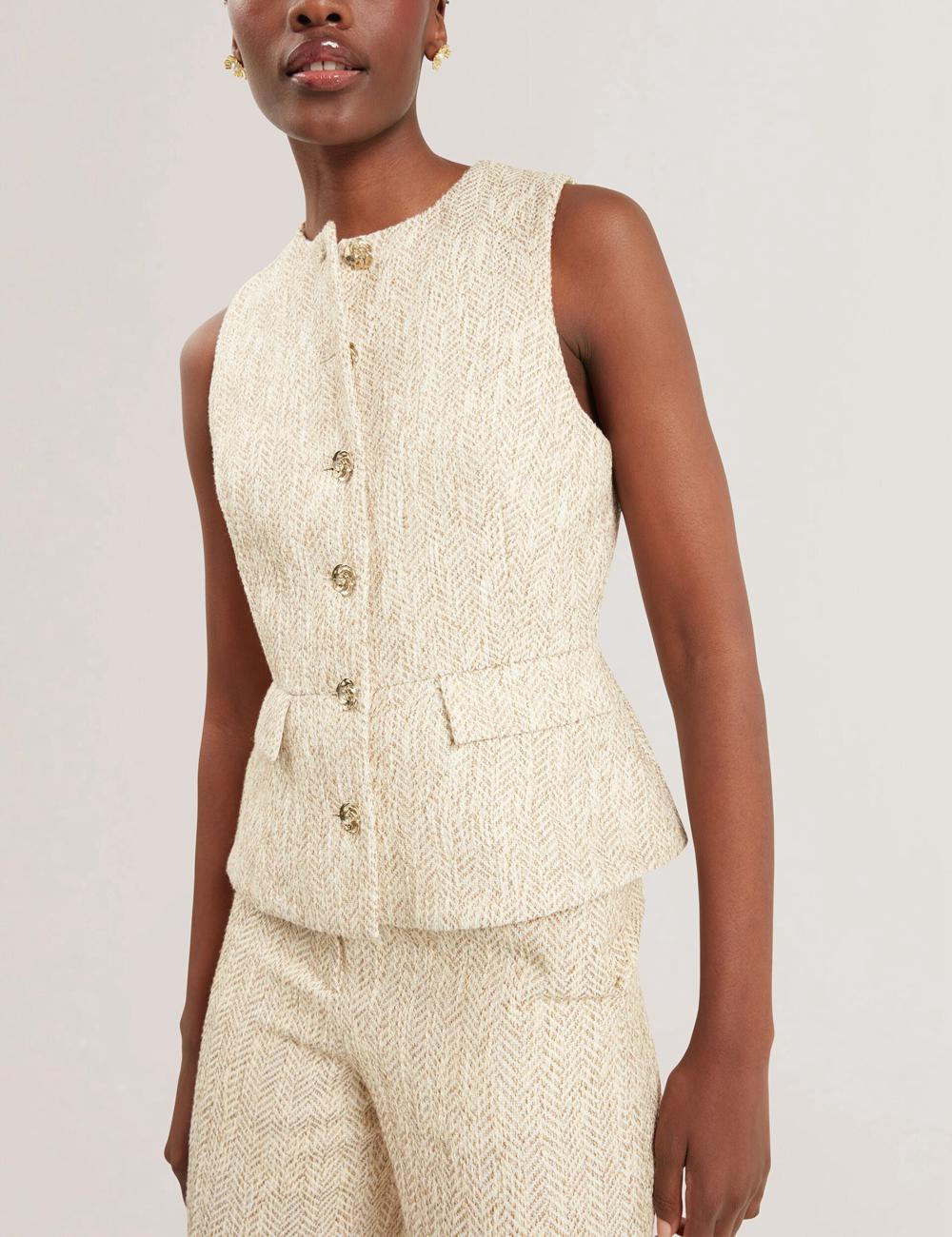 Ivory Women Ted Baker VULPAT - Boucle Herringbone Wide Leg Tailored Trousers | SA  KHP-270845