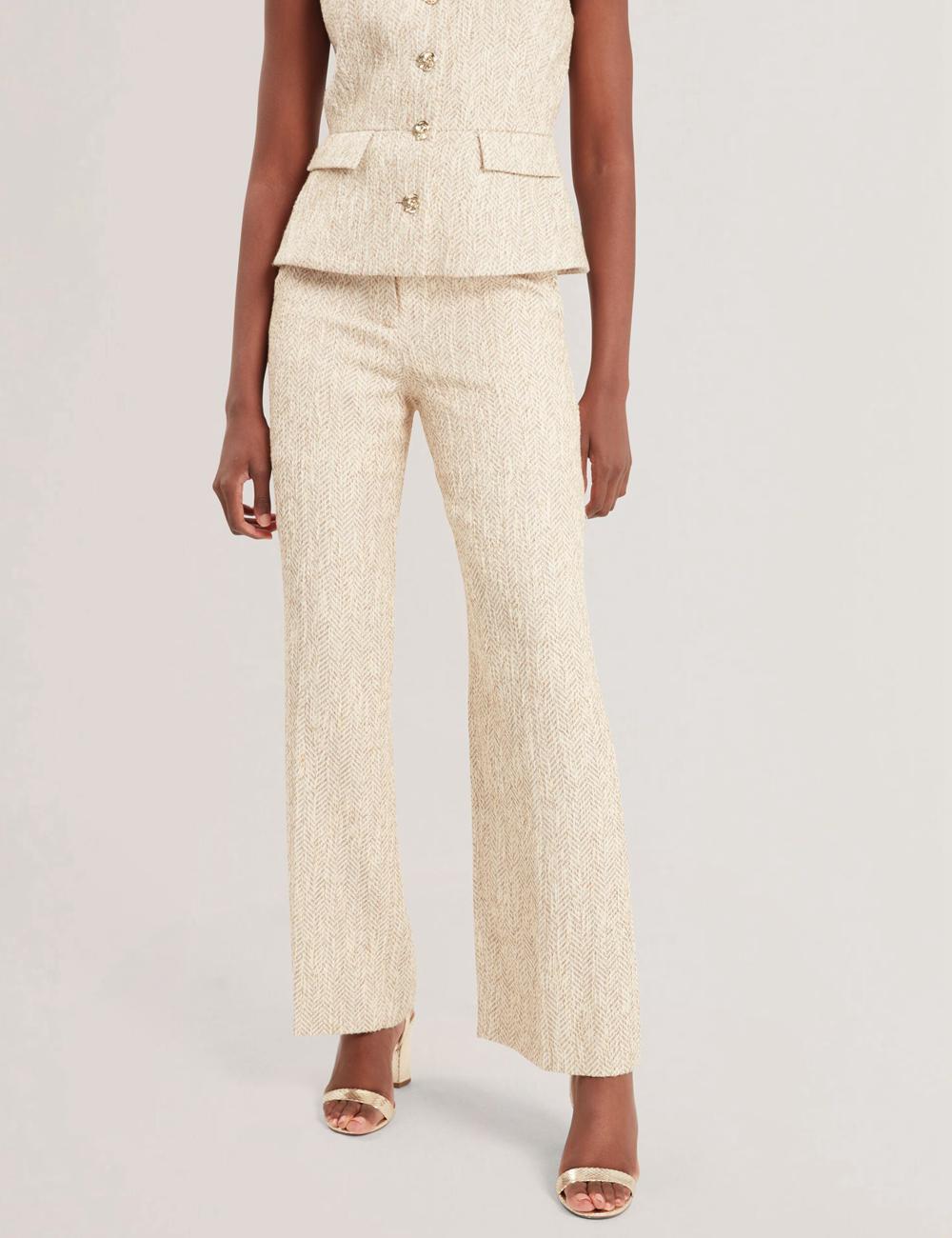 Ivory Women Ted Baker VULPAT - Boucle Herringbone Wide Leg Tailored Trousers | SA  KHP-270845