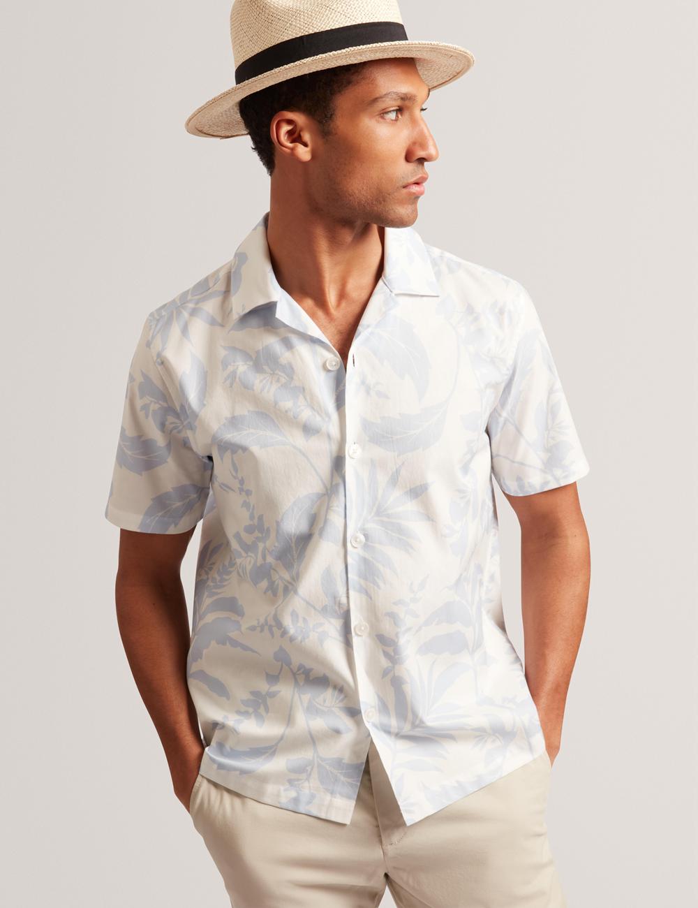 Lt-Blue Men Ted Baker KITS - Short Sleeve Relaxed Floral Print Casual Shirts | SA  IAR-839651