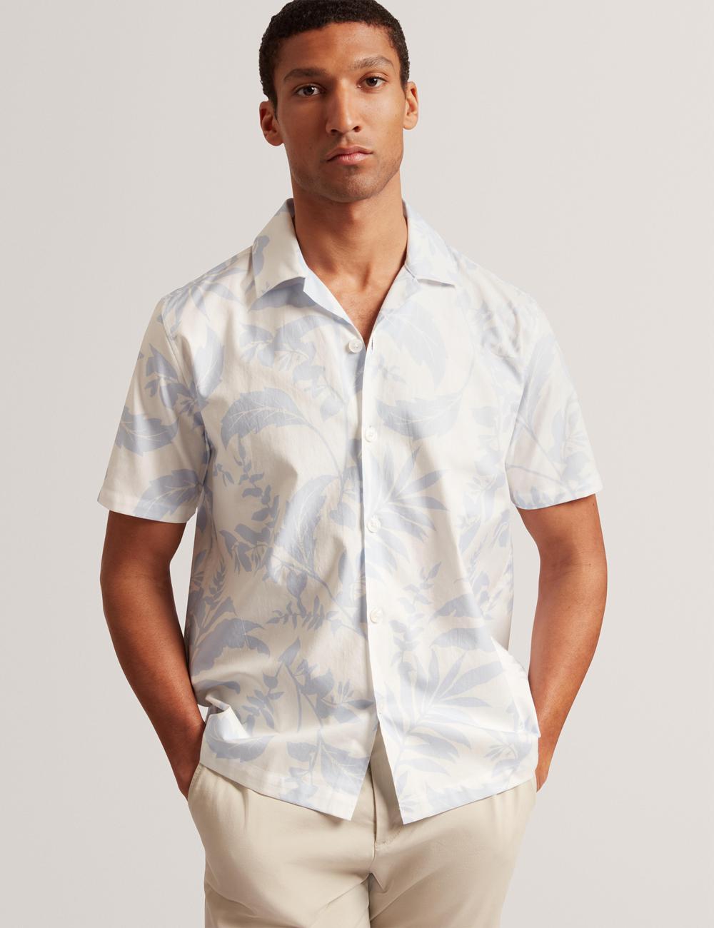 Lt-Blue Men Ted Baker KITS - Short Sleeve Relaxed Floral Print Casual Shirts | SA  IAR-839651
