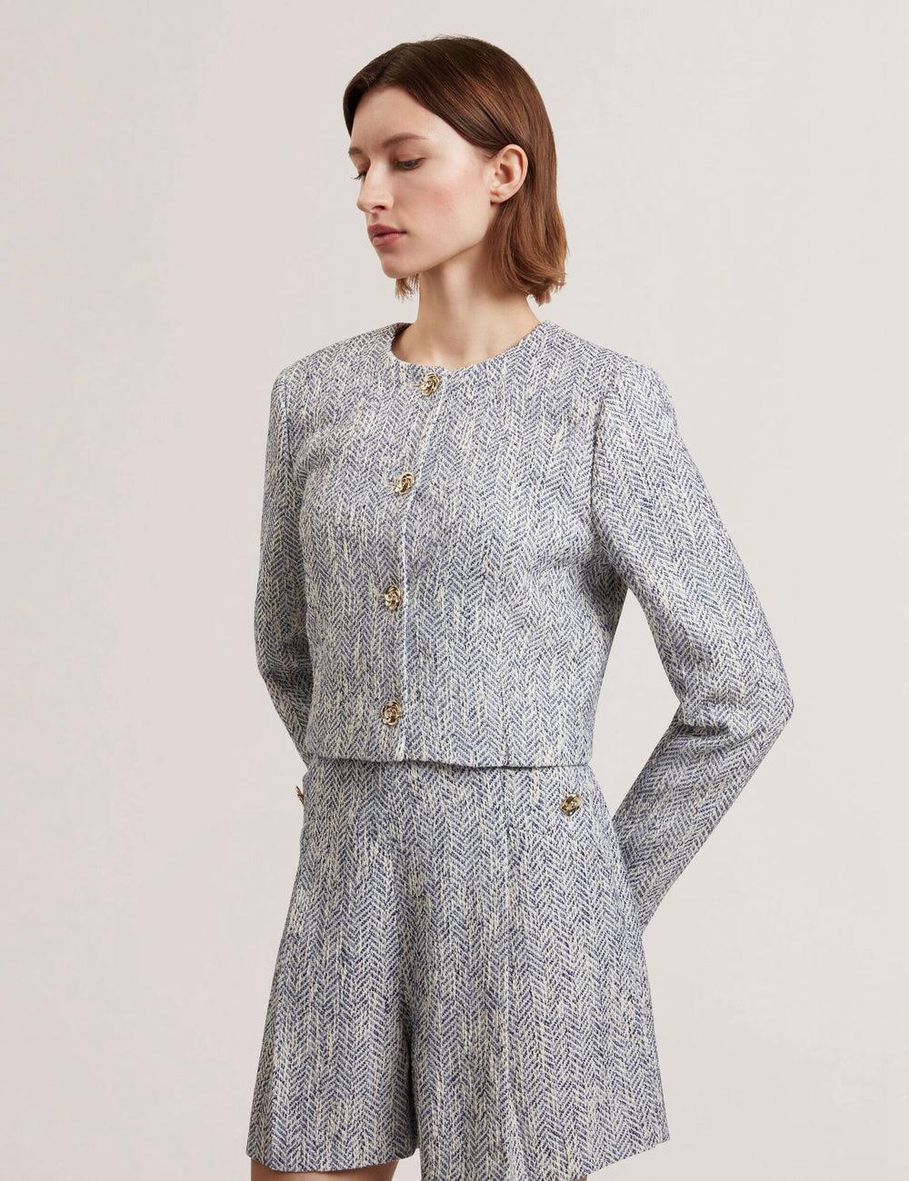 Lt-Blue Women Ted Baker VULPA - Boucle Button-Up Cropped Tailored Jackets | SA  TPJ-705391