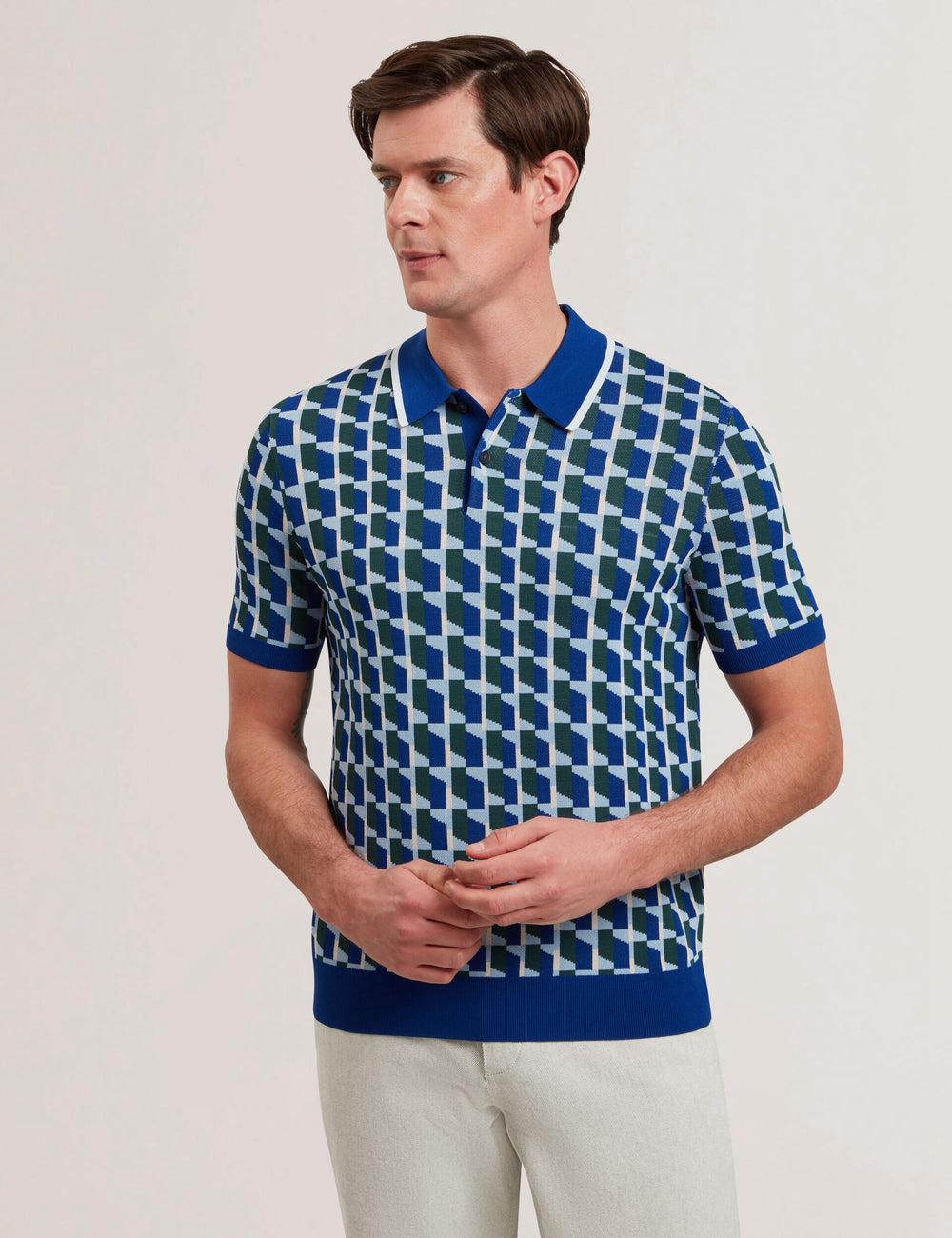 Lt-Navy Men Ted Baker ROSSIO - Geometric Knitted Short Sleeve Polos Shirts | SA  WTS-518042
