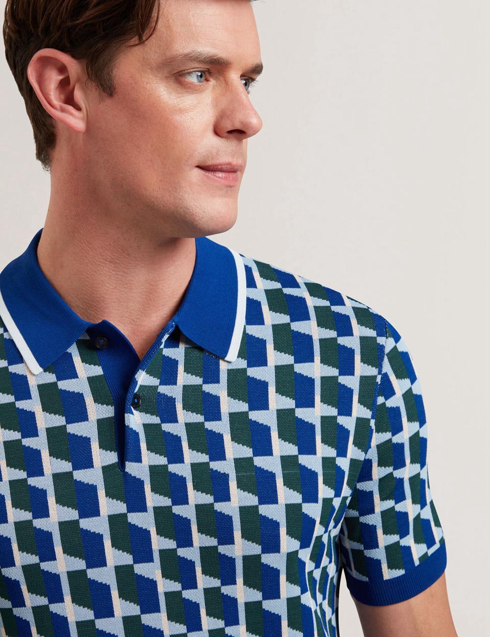 Lt-Navy Men Ted Baker ROSSIO - Geometric Knitted Short Sleeve Polos Shirts | SA  WTS-518042