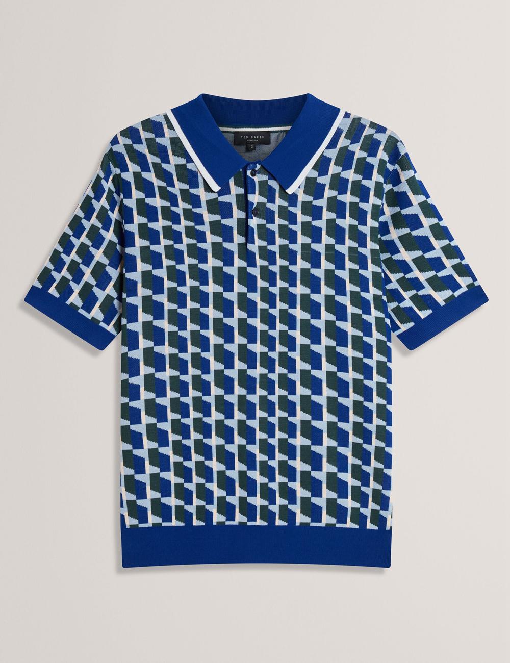 Lt-Navy Men Ted Baker ROSSIO - Geometric Knitted Short Sleeve Polos Shirts | SA  WTS-518042