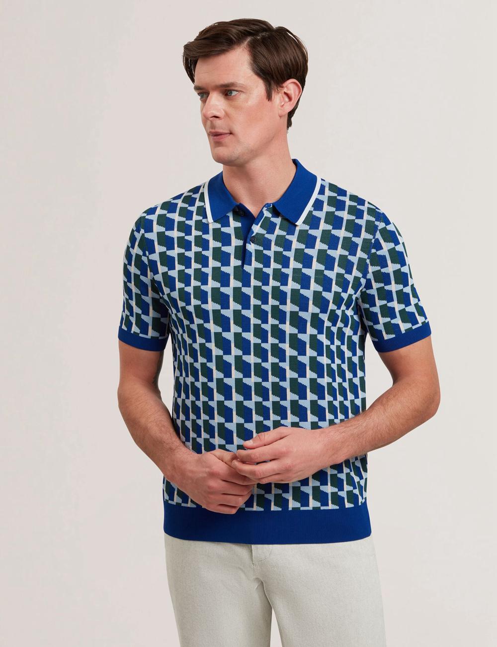 Lt-Navy Men Ted Baker ROSSIO - Geometric Knitted Short Sleeve Polos Shirts | SA  WTS-518042