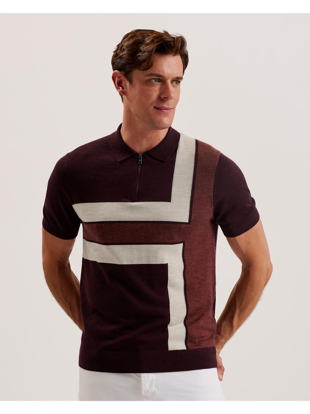 Maroon Men Ted Baker AMBLER - Colour Block Zip Neck Wool Polos Shirts | SA  MQA-607842