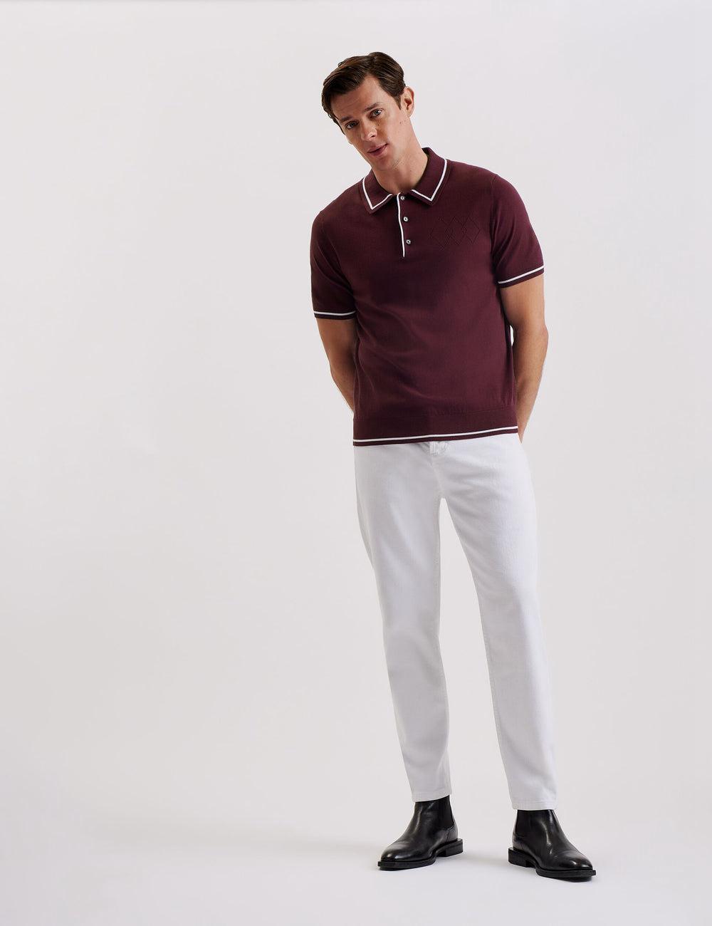 Maroon Men Ted Baker DUNOW - Pointelle Detail Striped Trim Polos Shirts | SA  XTV-907835