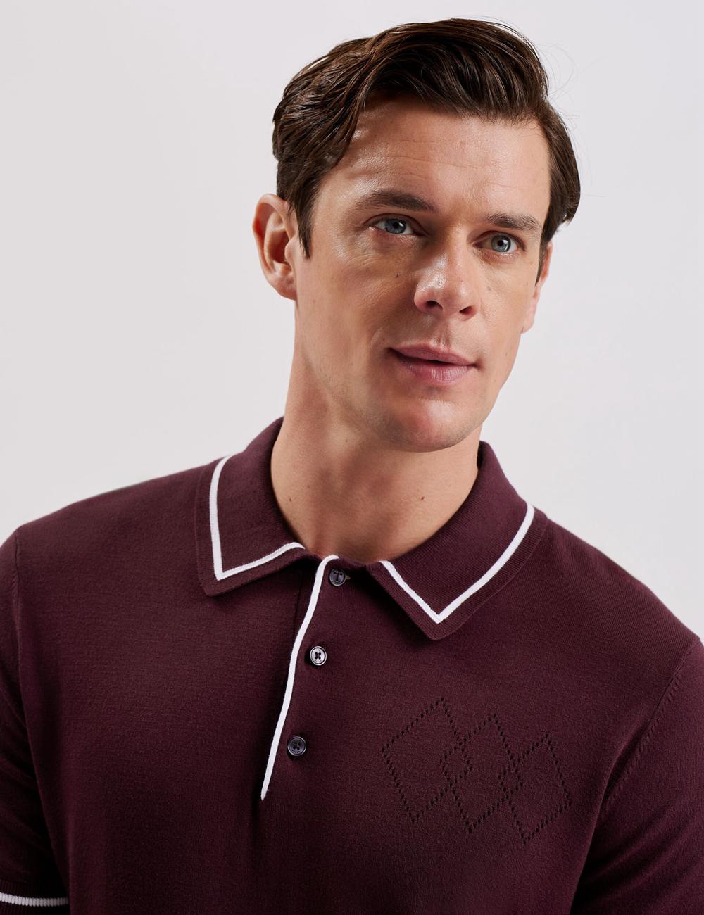 Maroon Men Ted Baker DUNOW - Pointelle Detail Striped Trim Polos Shirts | SA  XTV-907835