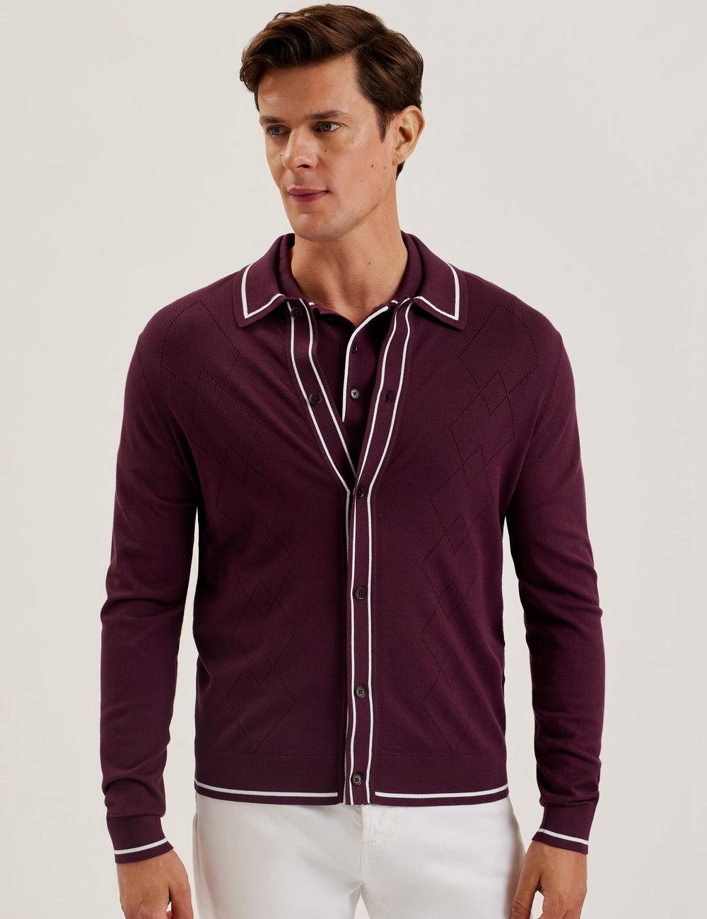 Maroon Men Ted Baker ELMDON - Pointelle Diamond Knitted Long Sleeve Casual Shirts | SA  YEL-798613