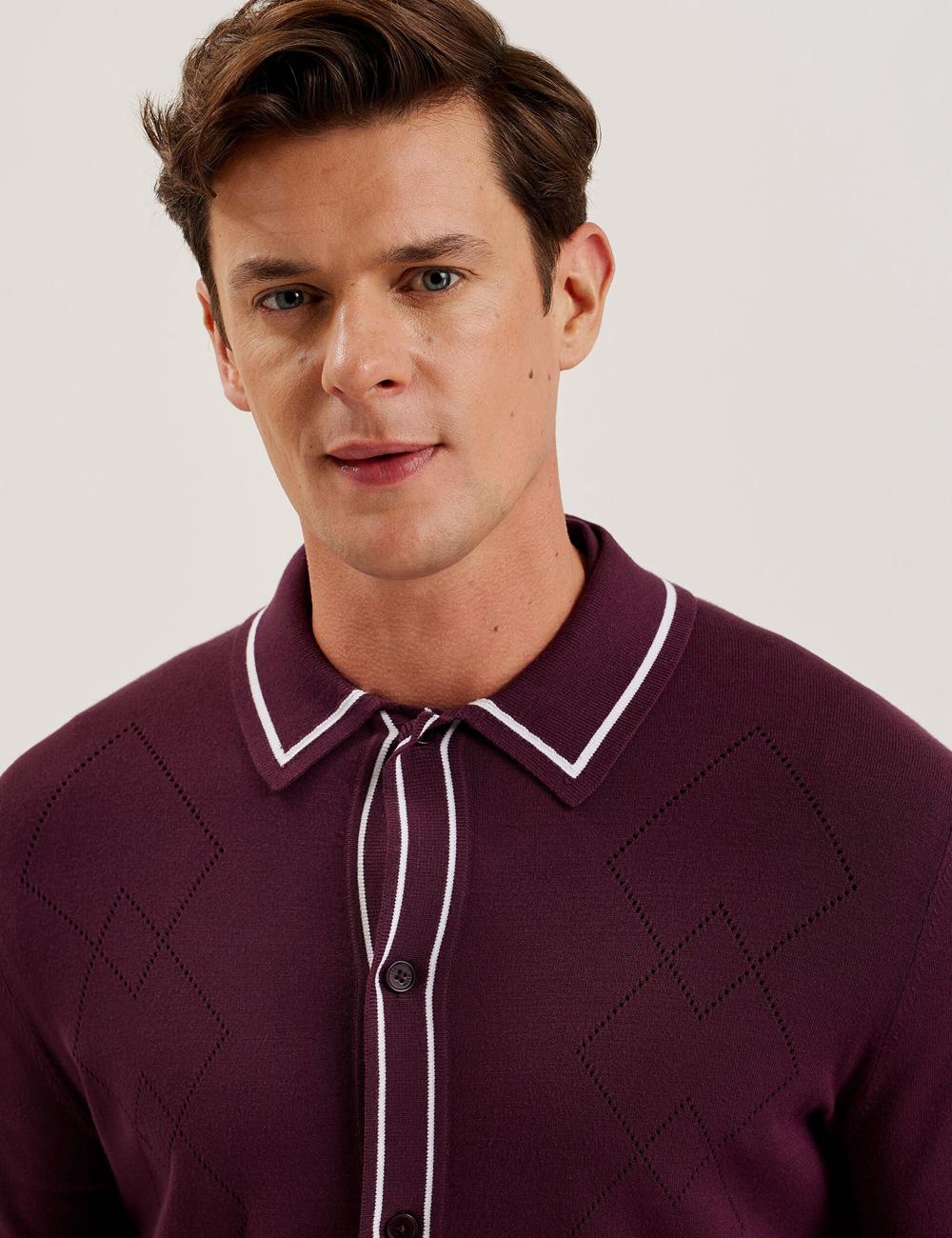 Maroon Men Ted Baker ELMDON - Pointelle Diamond Knitted Long Sleeve Casual Shirts | SA  YEL-798613