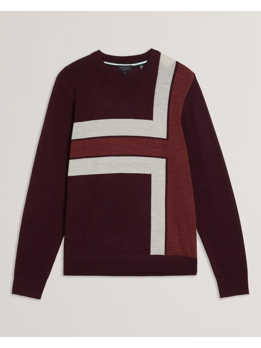 Maroon Men Ted Baker ROIKA - Colour Block Crew Neck Wool Jumpers | SA  YUO-798345