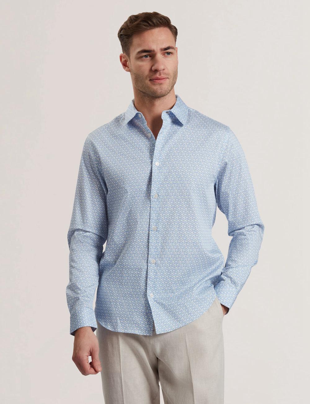 Mid-Blue Men Ted Baker ALPHAIS - Regular Fit Geometric Pure Cotton Casual Shirts | SA  HIM-418239