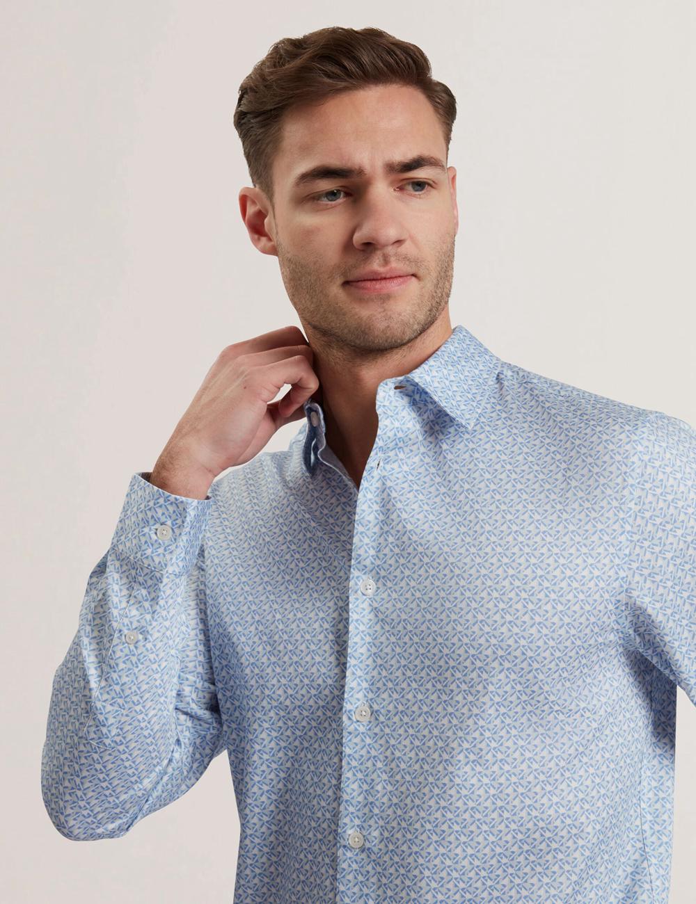 Mid-Blue Men Ted Baker ALPHAIS - Regular Fit Geometric Pure Cotton Casual Shirts | SA  HIM-418239