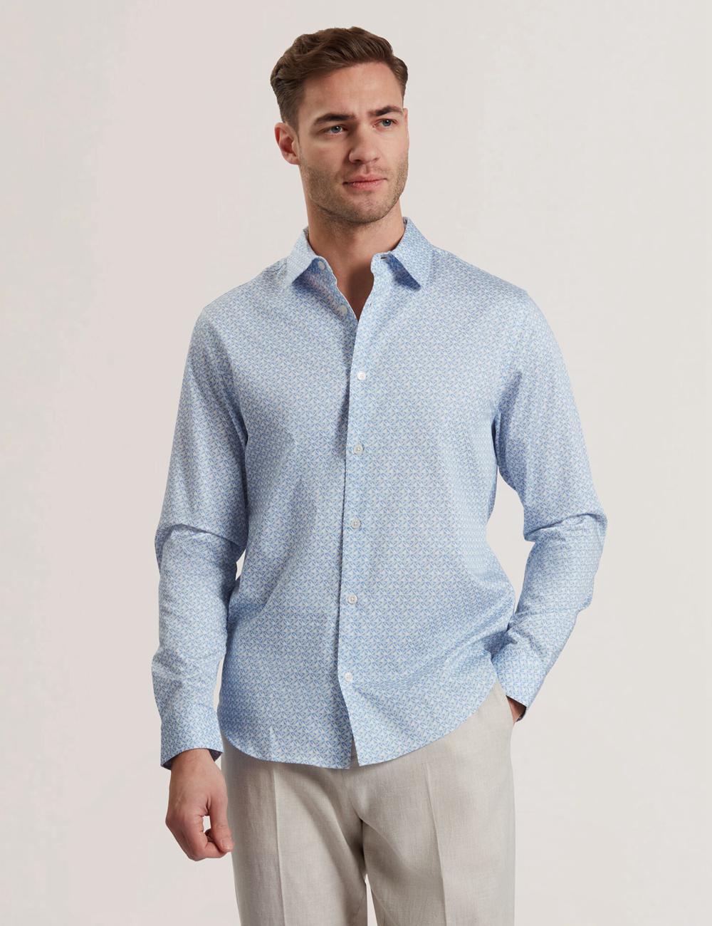 Mid-Blue Men Ted Baker ALPHAIS - Regular Fit Geometric Pure Cotton Casual Shirts | SA  HIM-418239