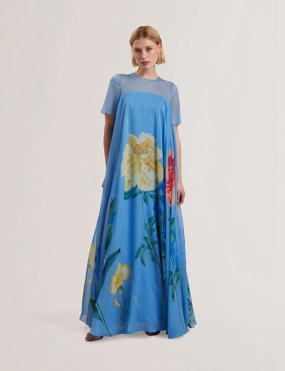 Mid-Blue Women Ted Baker MALRIE - Sheer Neck Floral Trapeze Maxi Dresses | SA  CDB-639804