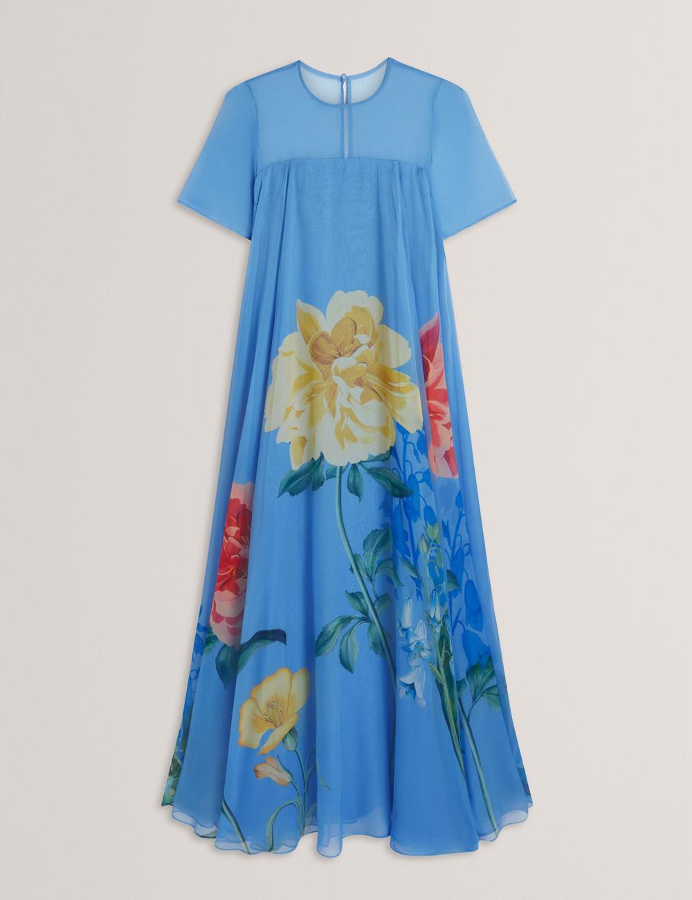Mid-Blue Women Ted Baker MALRIE - Sheer Neck Floral Trapeze Maxi Dresses | SA  CDB-639804