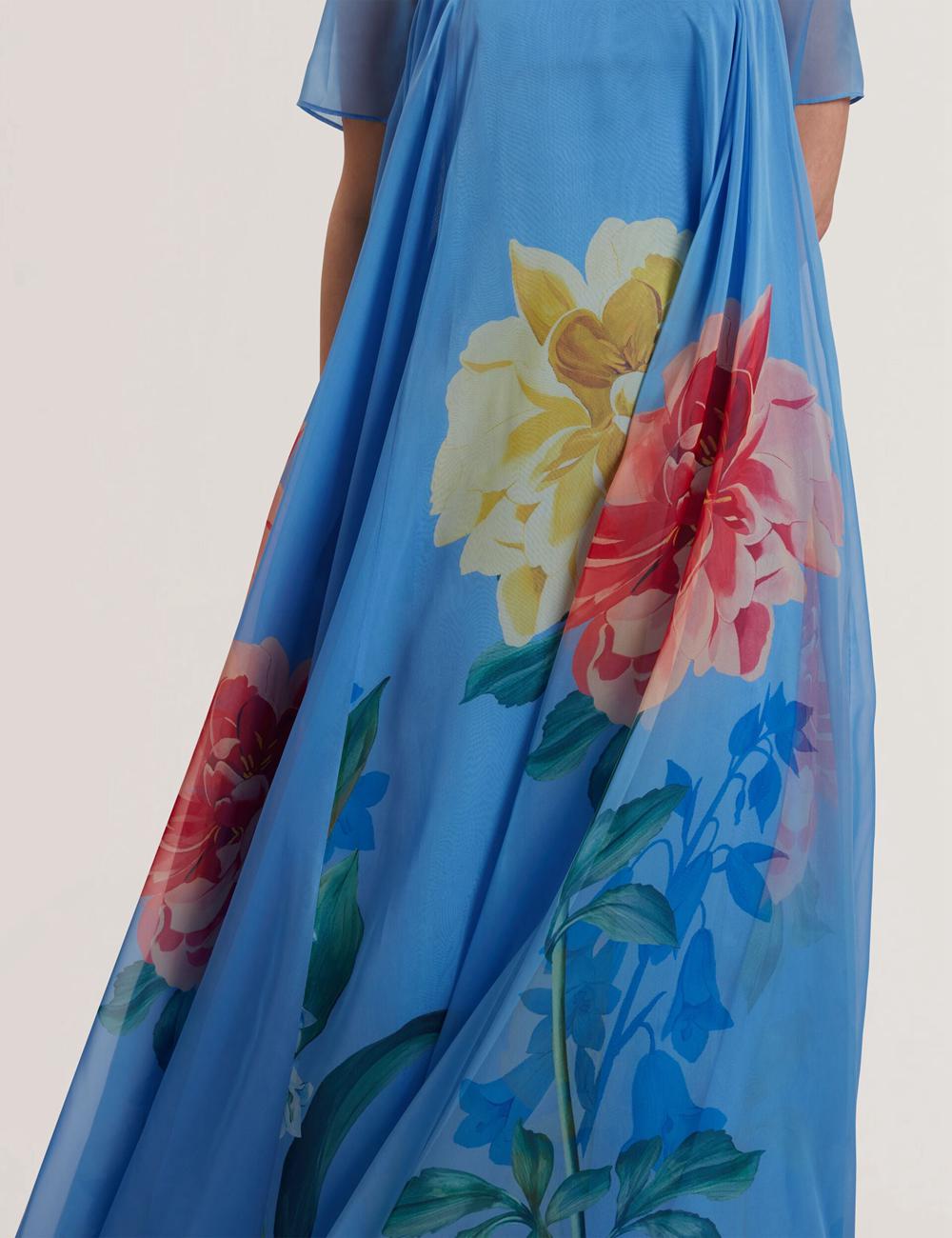 Mid-Blue Women Ted Baker MALRIE - Sheer Neck Floral Trapeze Maxi Dresses | SA  CDB-639804