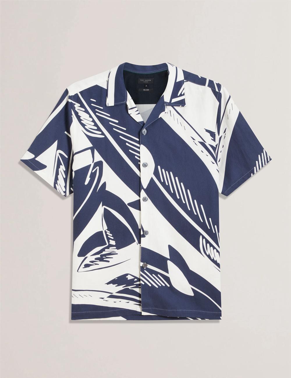 Mid-Navy Men Ted Baker HEUKELS - Short Sleeve Relaxed Fish Print Casual Shirts | SA  XNS-702596