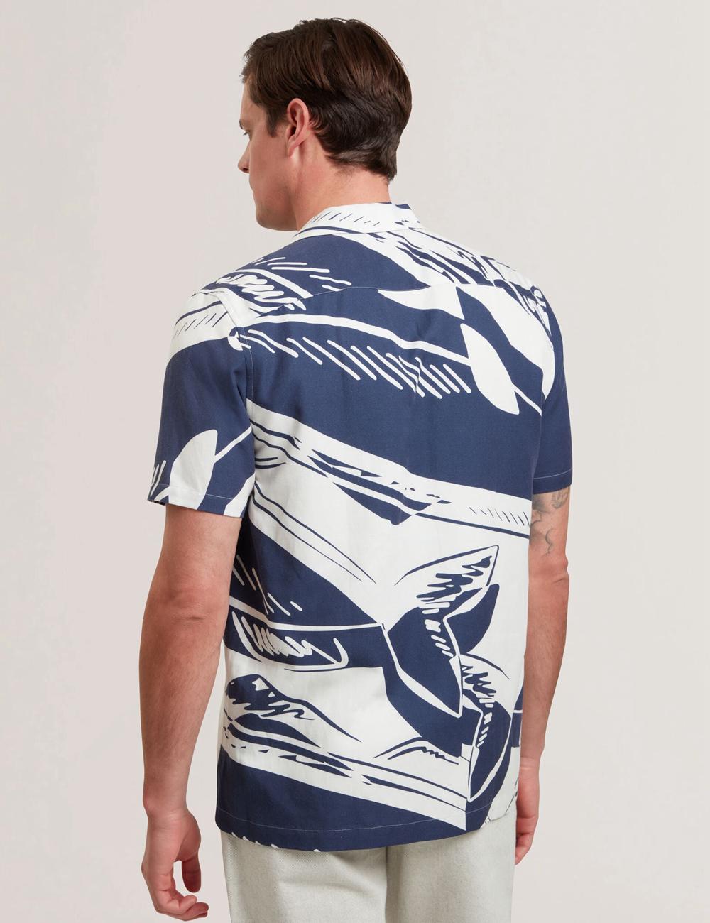 Mid-Navy Men Ted Baker HEUKELS - Short Sleeve Relaxed Fish Print Casual Shirts | SA  XNS-702596