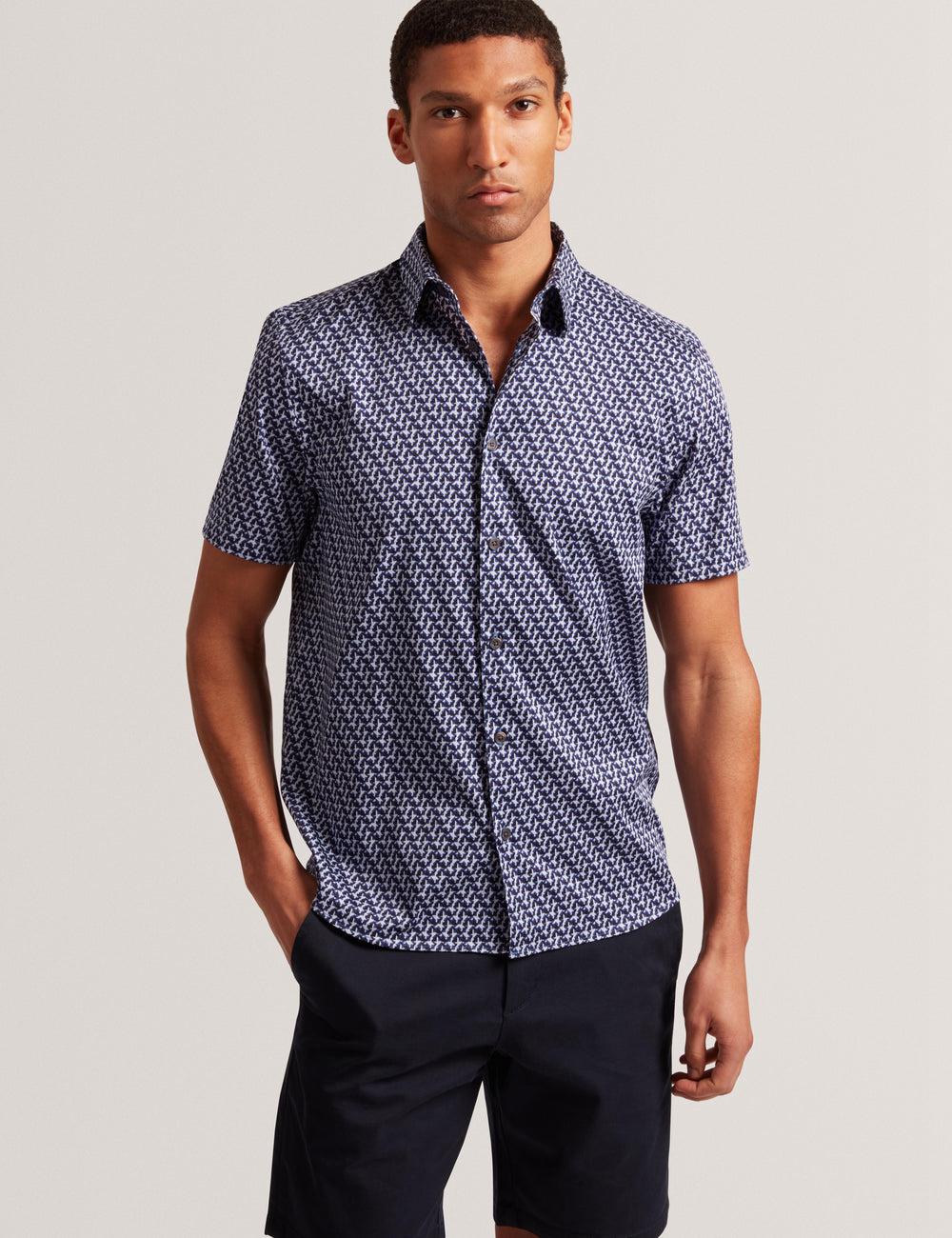 Navy Men Ted Baker ALPHSO SS Regular Fit Geo Casual Shirts | SA  YKW-912065