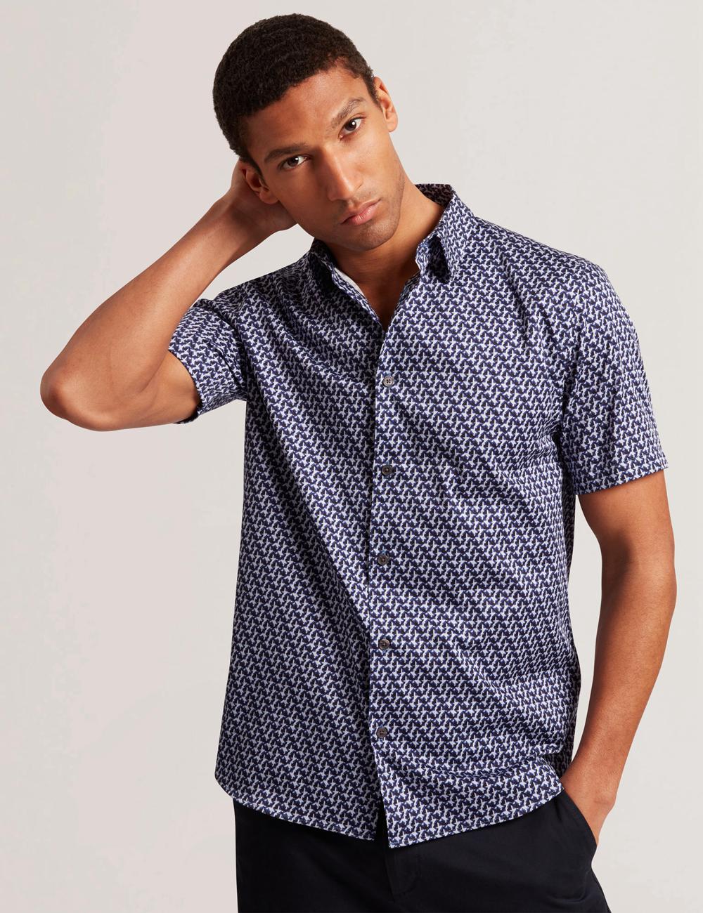 Navy Men Ted Baker ALPHSO SS Regular Fit Geo Casual Shirts | SA  YKW-912065