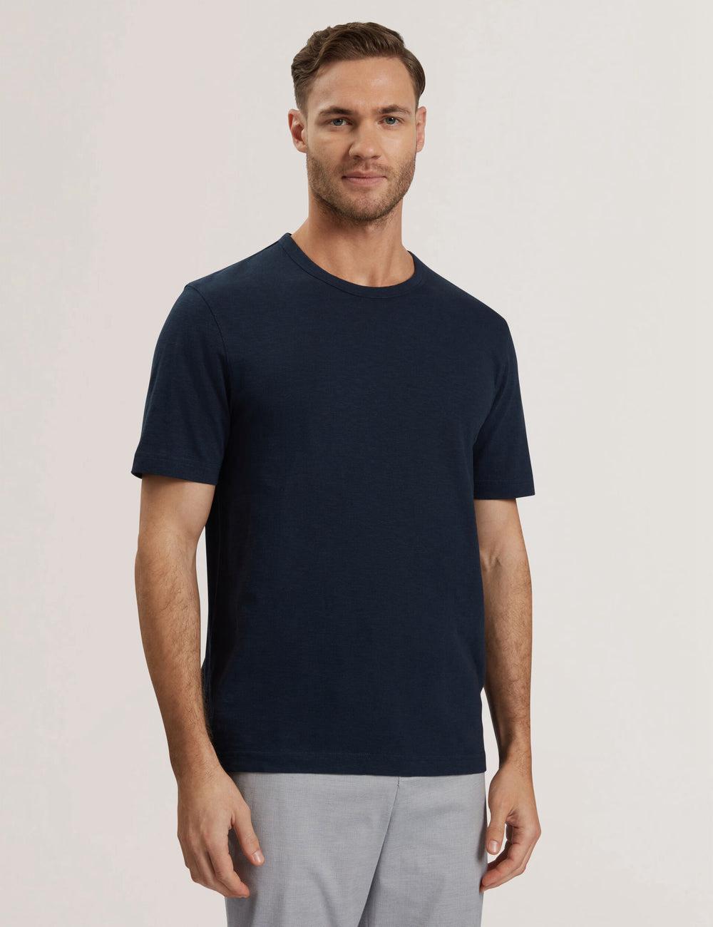 Navy Men Ted Baker BARTOL - Regular Cotton Linen Crew Neck T-Shirts | SA  ZGW-325716