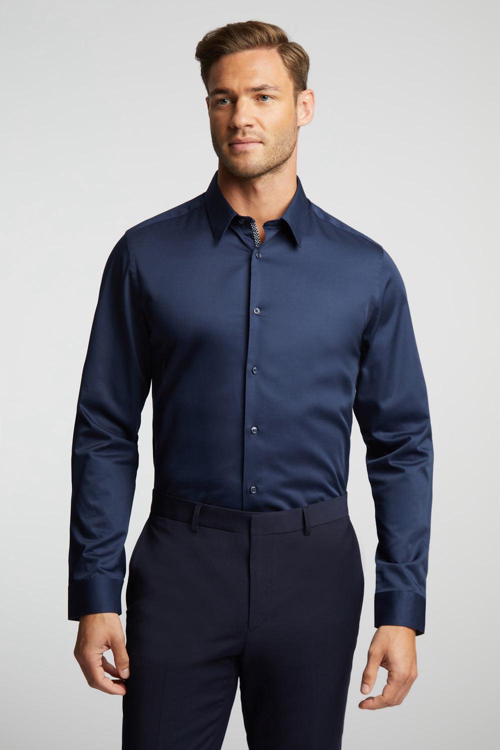 Navy Men Ted Baker DUDDON - Navy Slim Fit Long Sleeve Cotton Formal Shirts | SA  DZA-670814