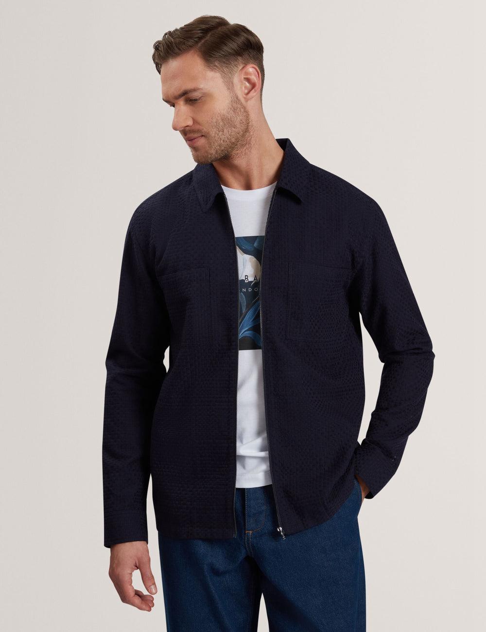 Navy Men Ted Baker KAILINS - Long Sleeve Zip-Through Cotton Overshirt Overshirts | SA  JPM-426183