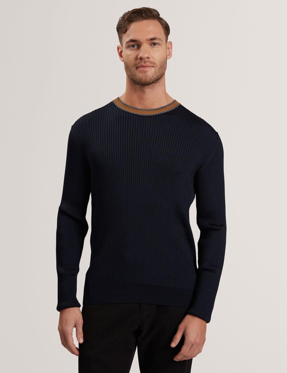 Navy Men Ted Baker NAYOR - Long Sleeve Rayon Ribbed Crew Neck Jumpers | SA  HFN-018465