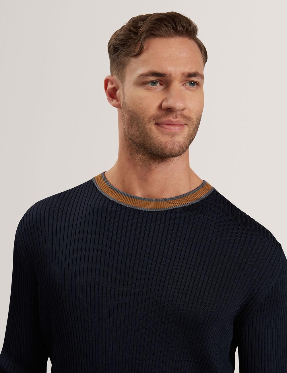 Navy Men Ted Baker NAYOR - Long Sleeve Rayon Ribbed Crew Neck Jumpers | SA  HFN-018465