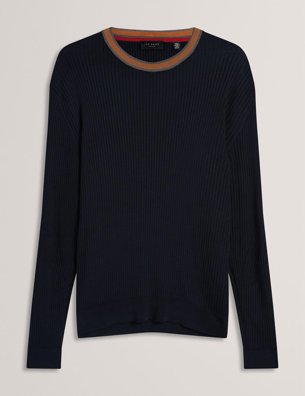 Navy Men Ted Baker NAYOR - Long Sleeve Rayon Ribbed Crew Neck Jumpers | SA  HFN-018465