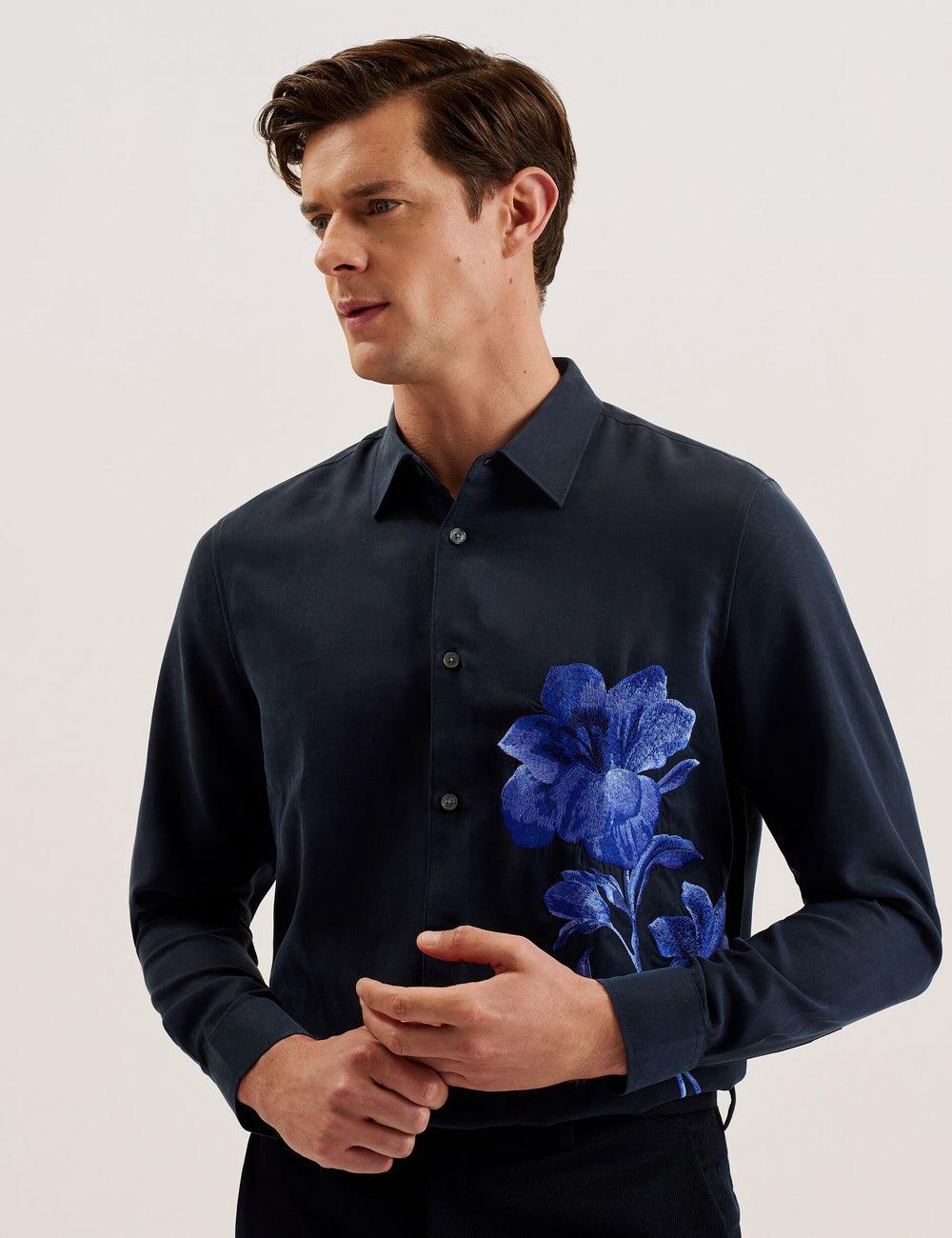Navy Men Ted Baker NESSMEN - Embroidered Detail Relaxed Fit Casual Shirts | SA  JCL-894705