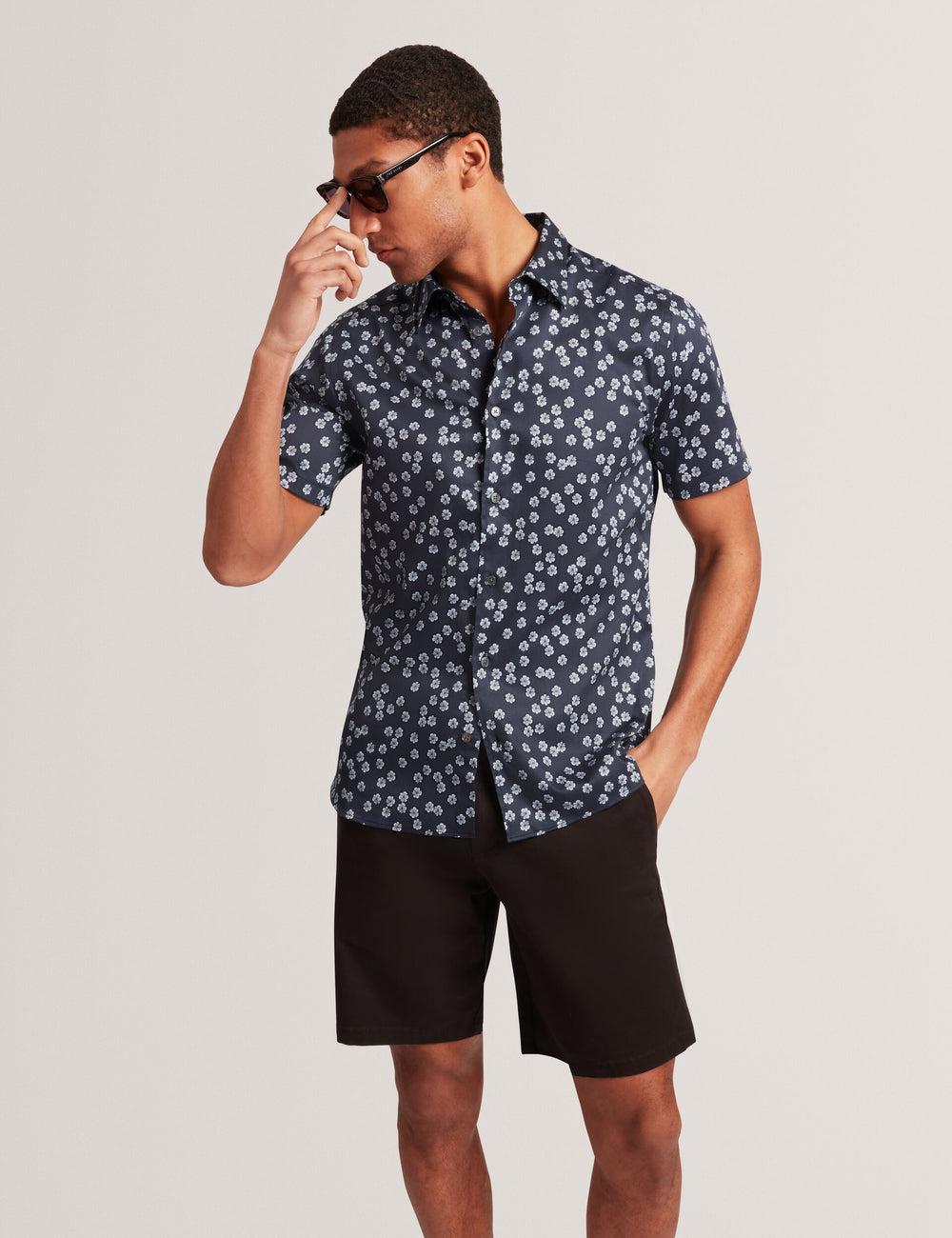 Navy Men Ted Baker NIKSHO - Short Sleeve Slim Ditsy Floral Casual Shirts | SA  JBL-648713