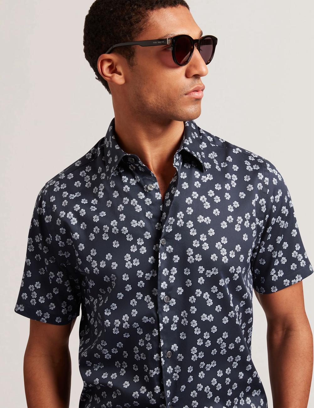 Navy Men Ted Baker NIKSHO - Short Sleeve Slim Ditsy Floral Casual Shirts | SA  JBL-648713