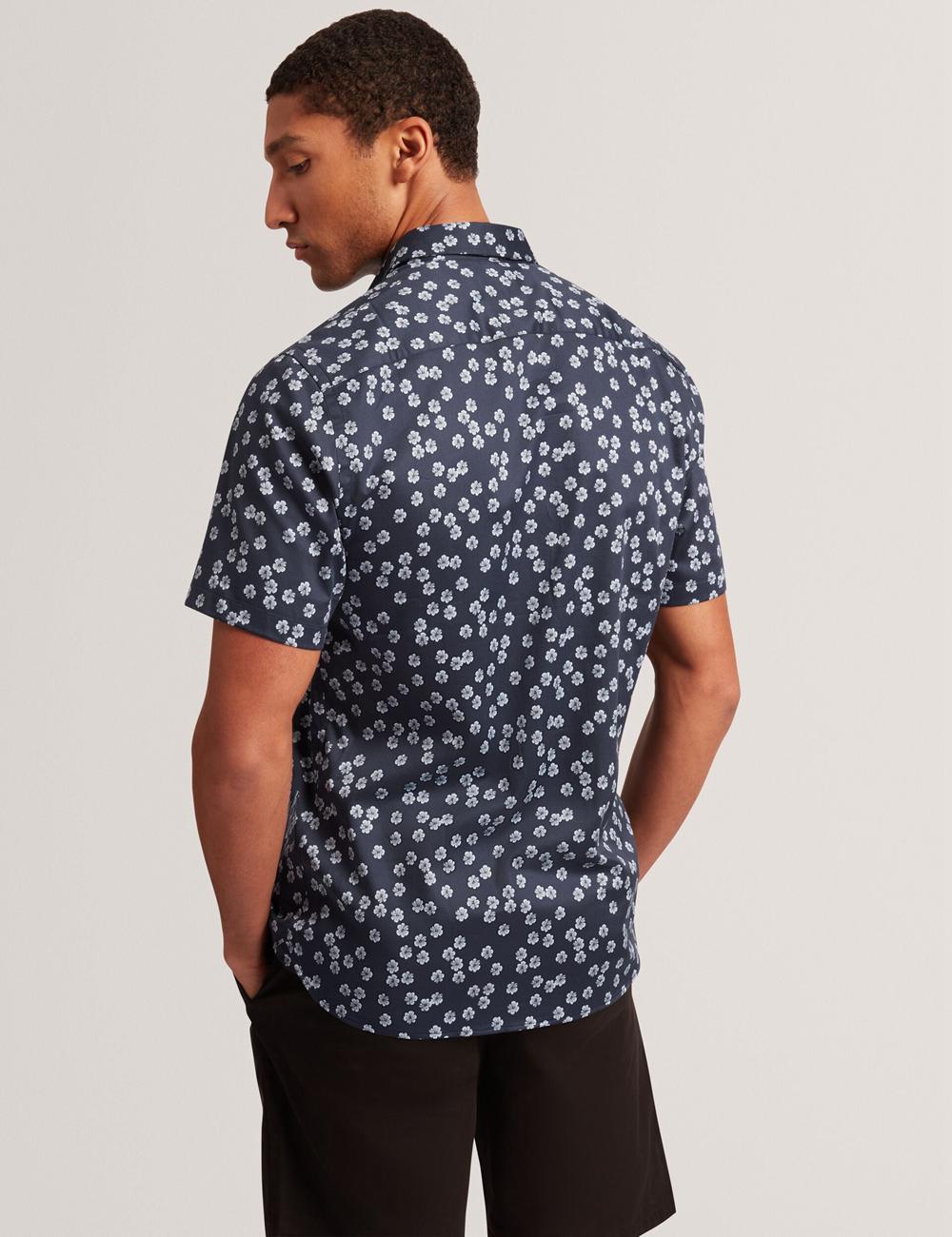 Navy Men Ted Baker NIKSHO - Short Sleeve Slim Ditsy Floral Casual Shirts | SA  JBL-648713