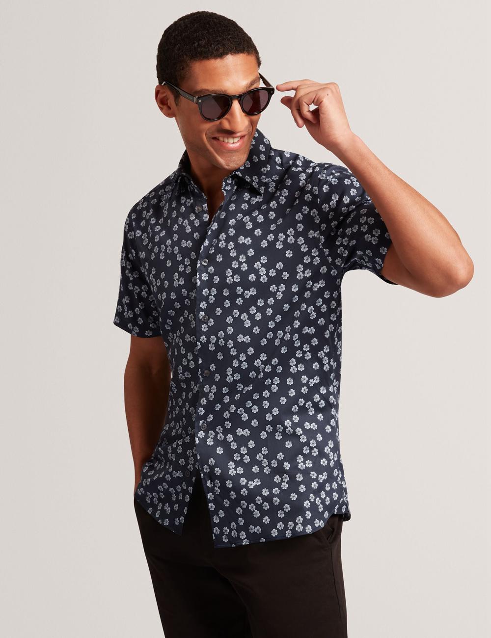 Navy Men Ted Baker NIKSHO - Short Sleeve Slim Ditsy Floral Casual Shirts | SA  JBL-648713