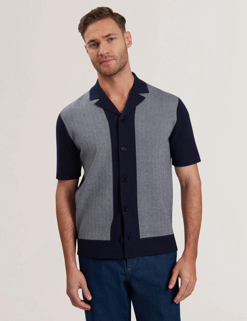 Navy Men Ted Baker PADRIG - Herringbone Knit Colour Block Short Sleeve Casual Shirts | SA  KOC-970612