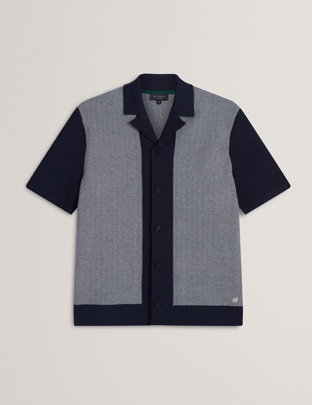 Navy Men Ted Baker PADRIG - Herringbone Knit Colour Block Short Sleeve Casual Shirts | SA  KOC-970612