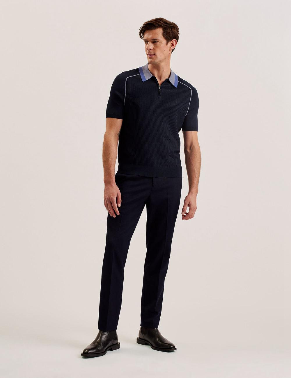 Navy Men Ted Baker PAXTO - Textured Zip With Striped Collar Polos Shirts | SA  SVQ-795201