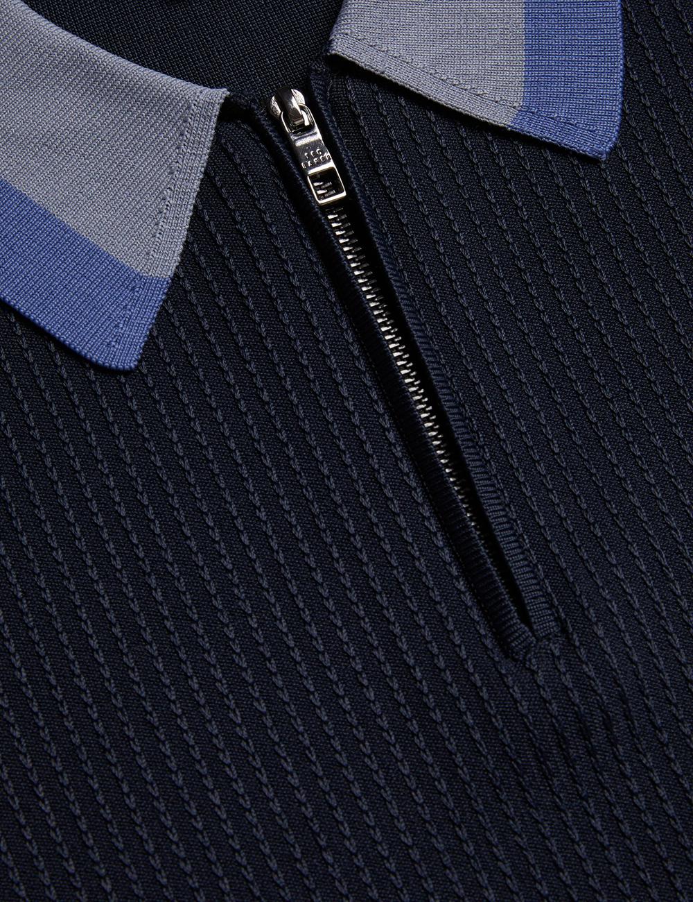 Navy Men Ted Baker PAXTO - Textured Zip With Striped Collar Polos Shirts | SA  SVQ-795201