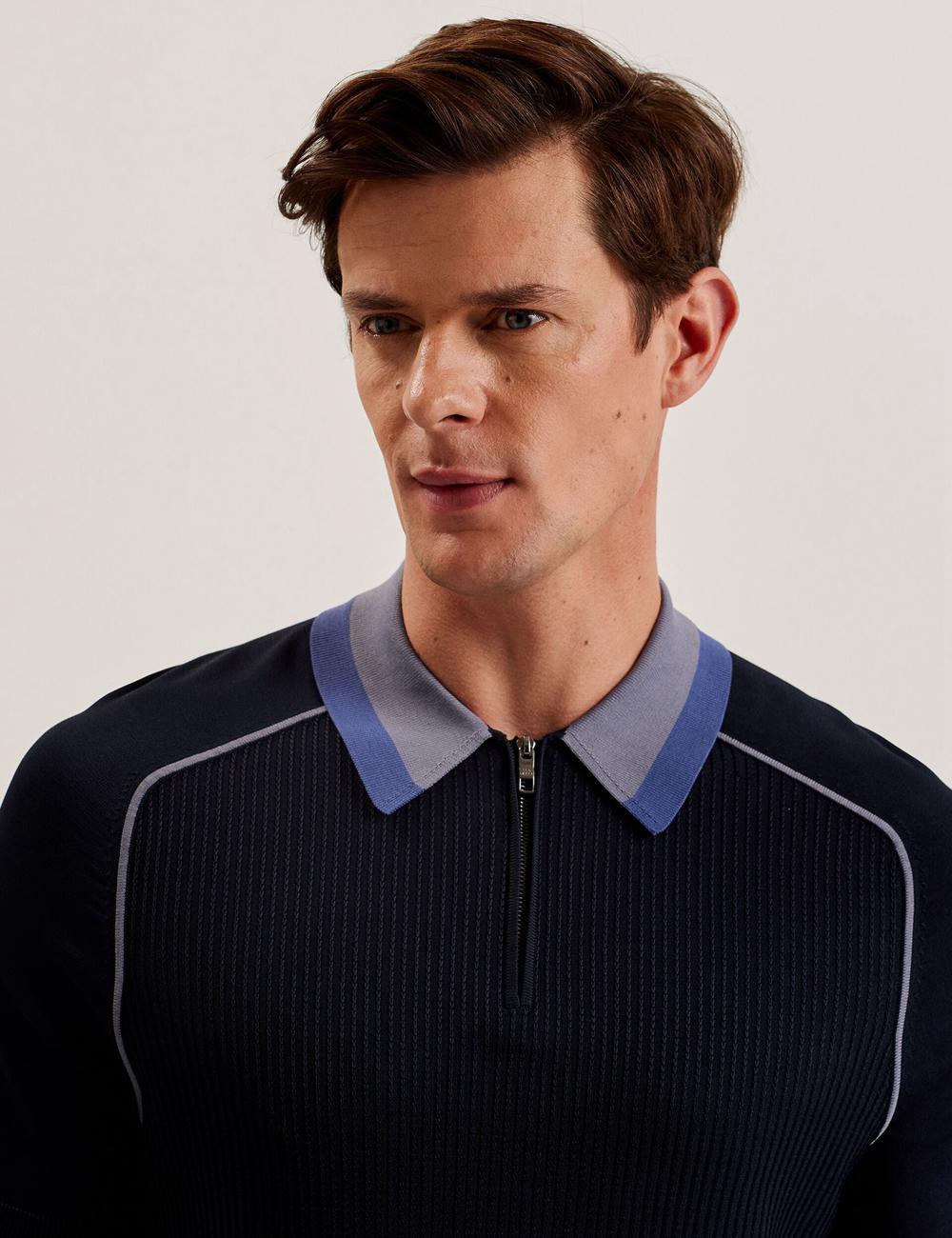 Navy Men Ted Baker PAXTO - Textured Zip With Striped Collar Polos Shirts | SA  SVQ-795201