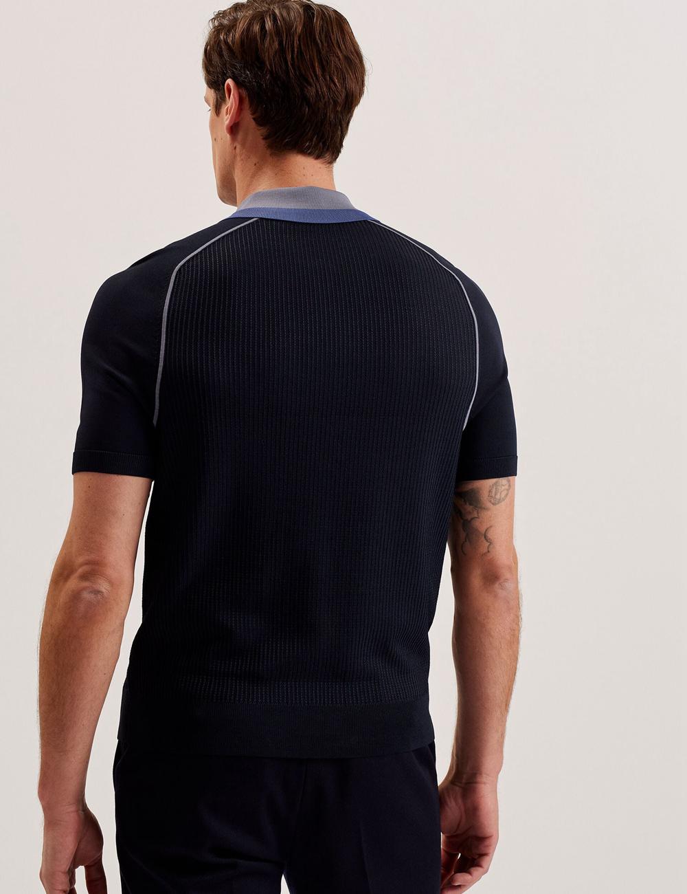 Navy Men Ted Baker PAXTO - Textured Zip With Striped Collar Polos Shirts | SA  SVQ-795201