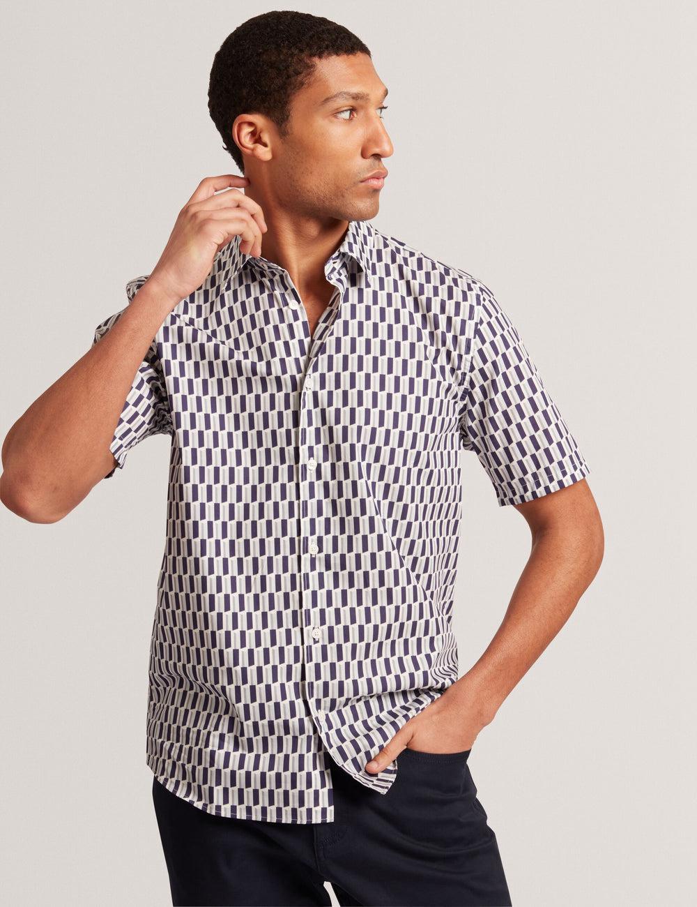 Navy Men Ted Baker PEARSOS - Geo Print Short Sleeve Cotton Casual Shirts | SA  SVJ-057134